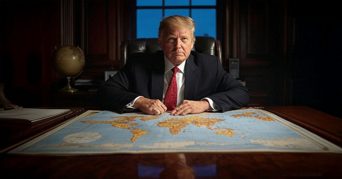 Trump derrière son bureau penché sur une carte du monde et regardant avec arrogance l'objectif