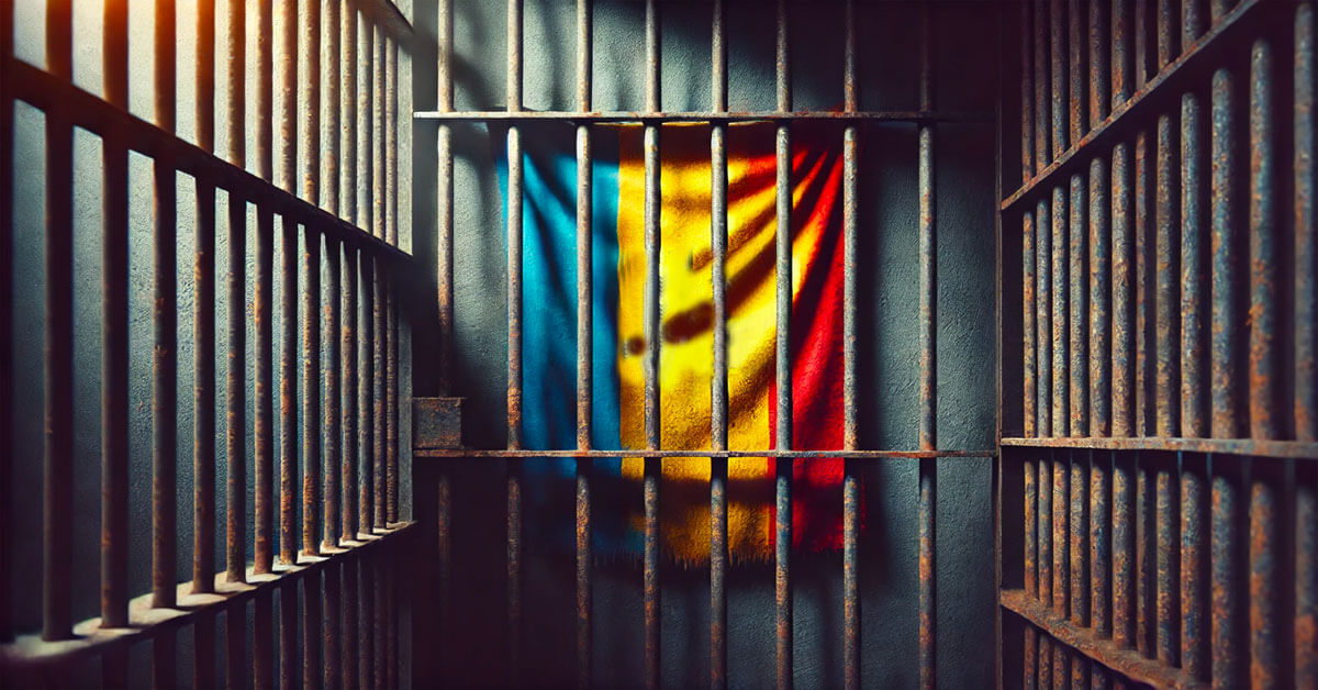 UN DRAPEAU ROUMAIN DERRIERE DES BARREAUX DE PRISON