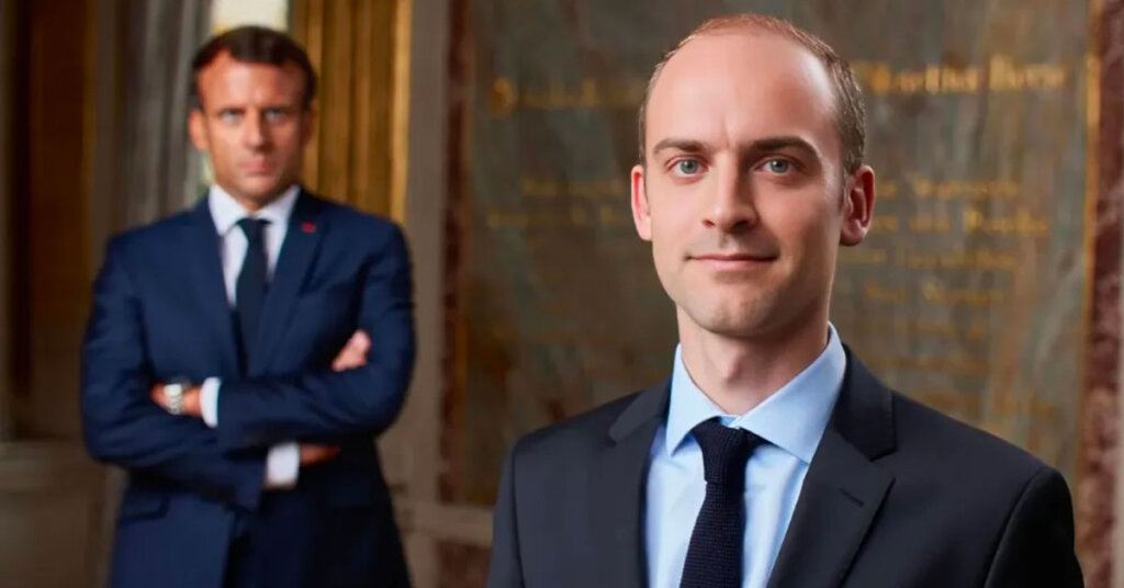 Jean Noel Barrot et en fond Macron qui le surveille les bras croisés