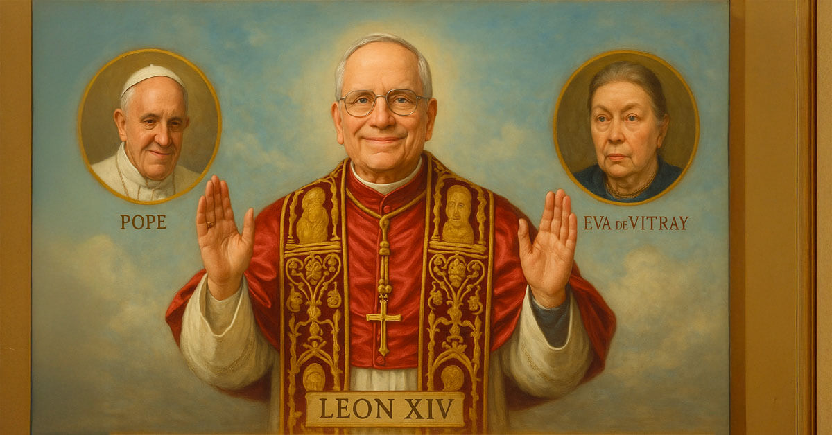 Photo portrait de Léon XIV au centre avec en plus petit de chaque côté en médaillon le pape François et Eva de Vitray