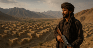 Un combattant baloutche armé surveille un village isolé du Baloutchistan, encadré par des montagnes arides, symbole d’une région en tension.