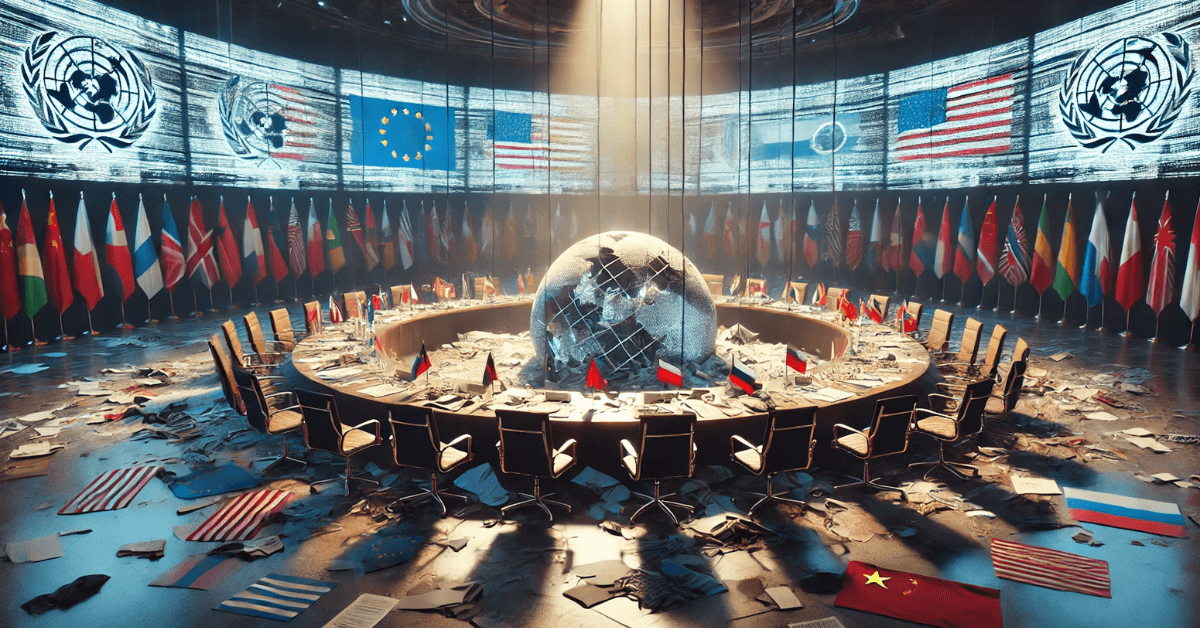 Salle de conférence mondiale en ruine, drapeaux au sol, globe fissuré : symbole du déclin du multilatéralisme et d’un ordre international fragmenté.