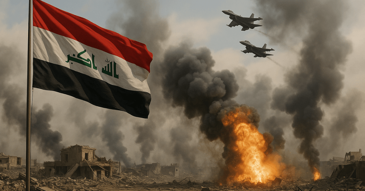 Vue dramatique de la guerre en Irak avec un drapeau irakien en premier plan, des avions de chasse survolant une zone urbaine en ruines et des explosions massives au sol, illustrant le chaos géopolitique au Moyen-Orient.