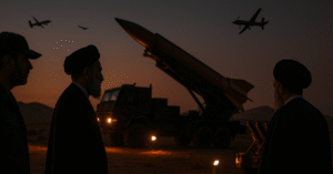 Des dirigeants iraniens observent des missiles balistiques et des drones militaires au crépuscule, symbolisant la menace nucléaire et la tension géopolitique au Moyen-Orient.