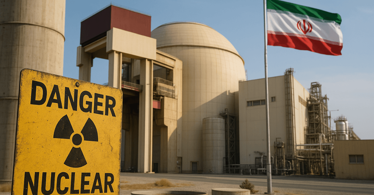 Installation nucléaire iranienne avec panneau "Danger nucléaire" au premier plan et drapeau iranien flottant, symbole des tensions géopolitiques liées au programme atomique de l'Iran.