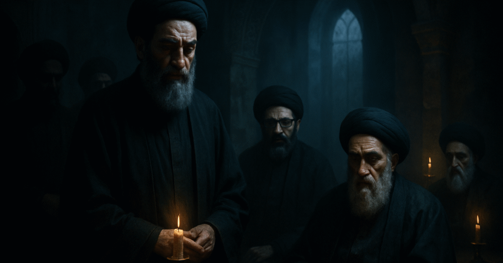 Des dignitaires religieux chiites, vêtus de noir et éclairés à la lueur de bougies, se réunissent dans une atmosphère solennelle et énigmatique, évoquant le pouvoir occulte et les rites secrets au cœur du système iranien.