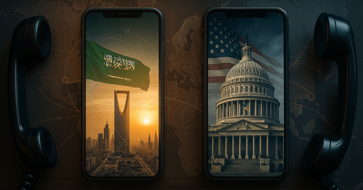 Représentation visuelle d’un appel diplomatique entre l’Arabie saoudite et les États-Unis : deux smartphones affichent la skyline de Riyad avec le drapeau saoudien et le Capitole américain sur fond de drapeau des États-Unis, symbolisant un échange stratégique au sommet.