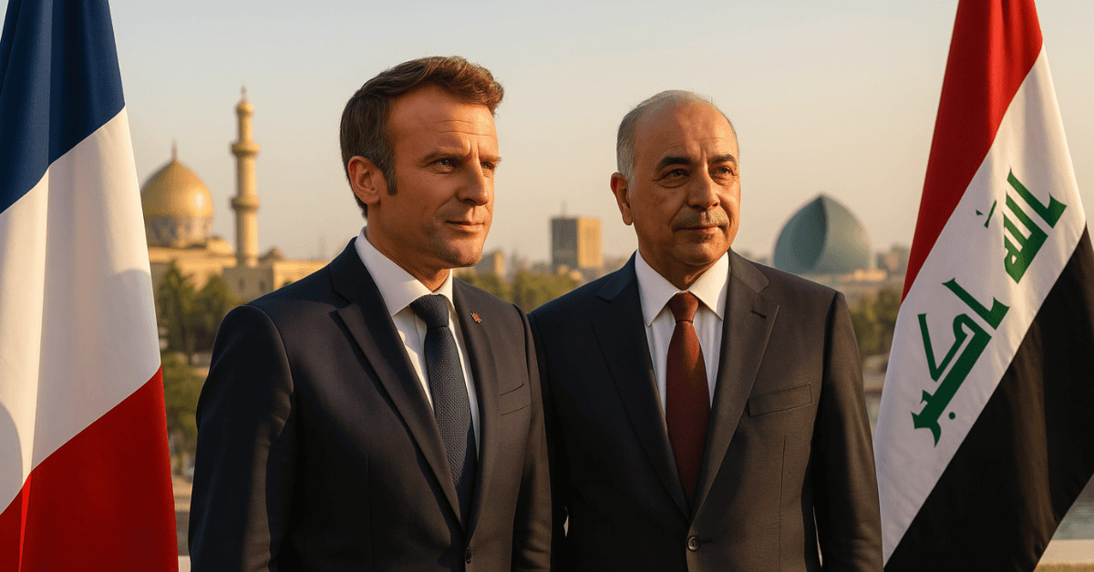 Emmanuel Macron aux côtés du Premier ministre irakien à Bagdad, devant les drapeaux français et irakien, avec en arrière-plan les monuments emblématiques de la capitale irakienne. Une image symbolique du renforcement des relations diplomatiques entre la France et l’Irak à l’automne 2025.