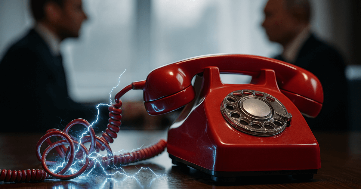 Un téléphone rouge symbolique crépite d’électricité sur une table, en arrière-plan flouté, deux silhouettes discutent — allusion visuelle forte au dialogue tendu entre dirigeants, sur fond de crise géopolitique entre la France et la Russie.