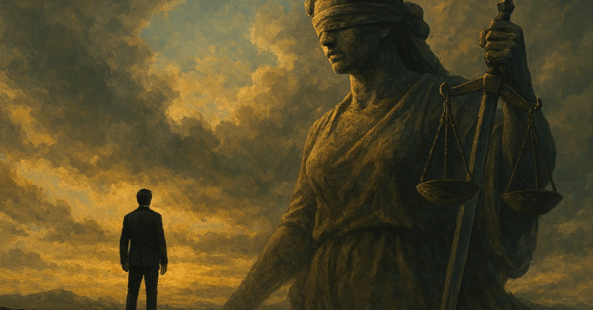 Un homme solitaire fait face à une immense statue de la Justice, yeux bandés et balance à la main, sous un ciel dramatique. Une scène symbolique illustrant le poids des décisions morales, le dilemme cornélien et les conflits entre éthique, droit et pouvoir dans un monde en crise.