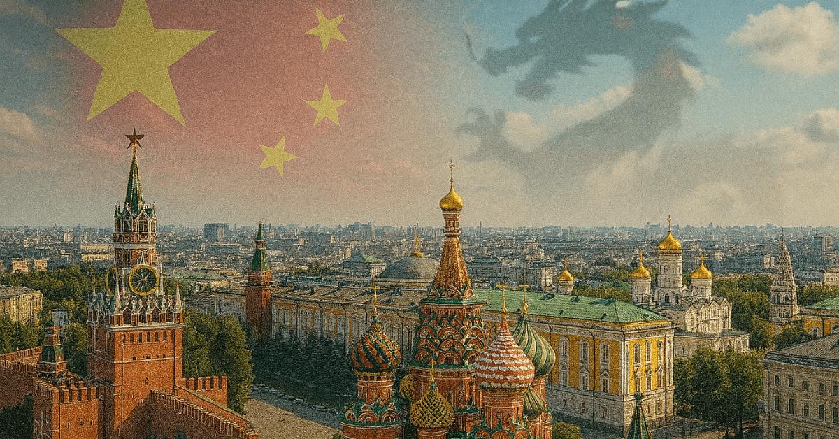 Illustration symbolique de la rivalité sino-russe : la silhouette menaçante d’un dragon chinois plane sur le Kremlin, sous les couleurs du drapeau chinois. Une représentation visuelle de la guerre de l’ombre entre Moscou et Pékin.