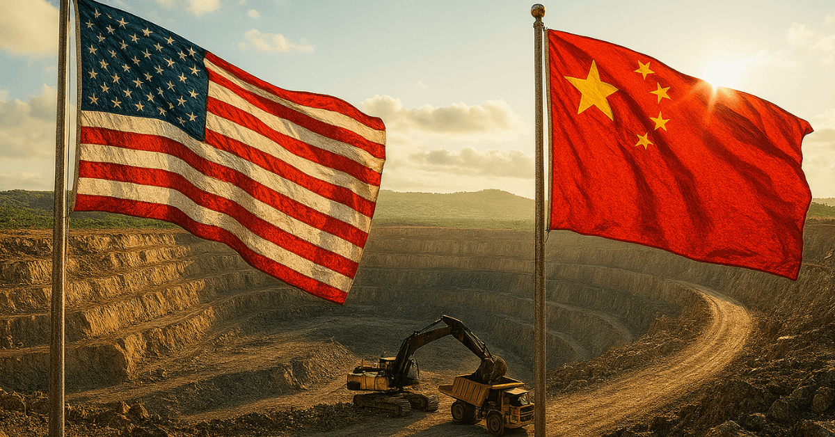 Image représentant la rivalité géopolitique entre les États-Unis et la Chine dans la course aux terres rares, sur fond de mine stratégique à ciel ouvert.