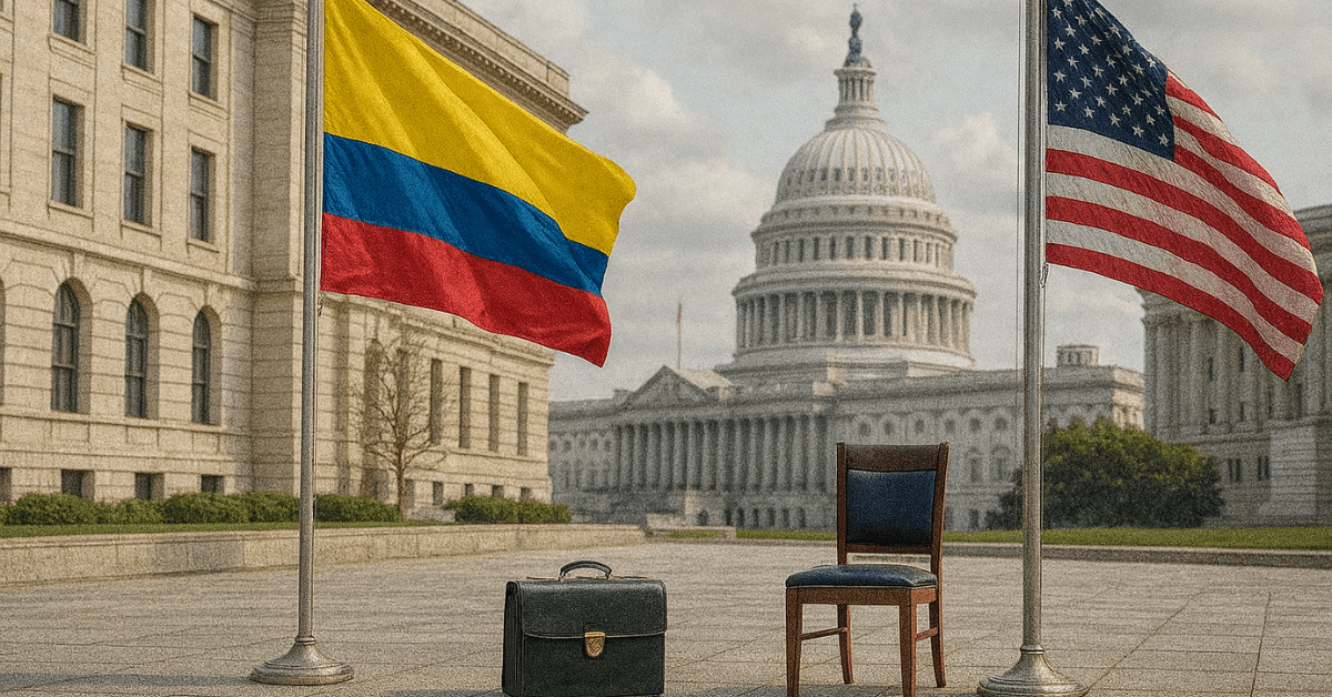 Photographie symbolique de la crise diplomatique entre les États-Unis et la Colombie : deux drapeaux nationaux devant le Capitole, une chaise vide et une mallette représentant l'absence de dialogue et le rappel des ambassadeurs à Washington et Bogotá.