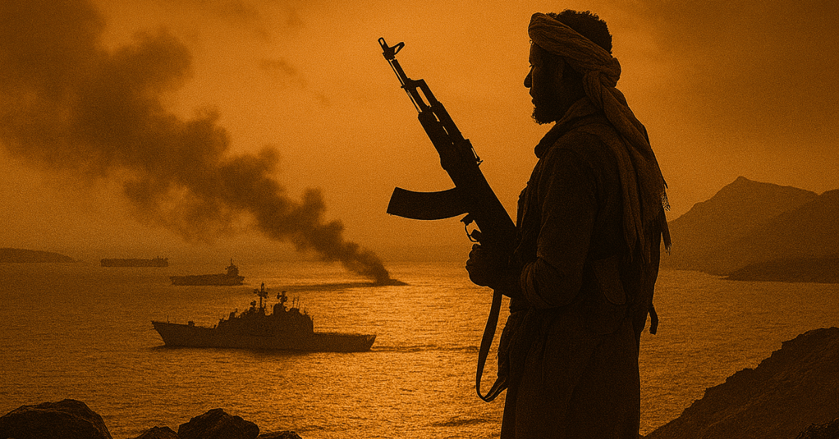 Un combattant armé silhouetté au crépuscule observe des navires de guerre en mer Rouge, dont l’un est en feu — une scène symbolique des tensions géopolitiques et des attaques Houthis dans le détroit de Bab el-Mandeb.