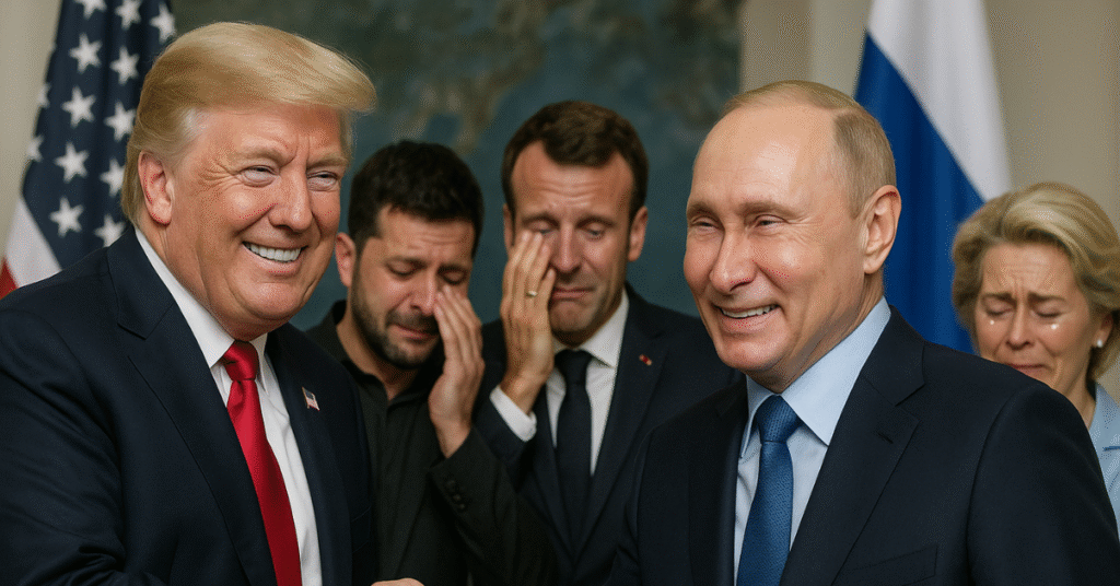 Photomontage satirique montrant Donald Trump et Vladimir Poutine tout sourire lors d’une poignée de main, sous le regard attristé de Volodymyr Zelensky, Emmanuel Macron et Ursula von der Leyen.