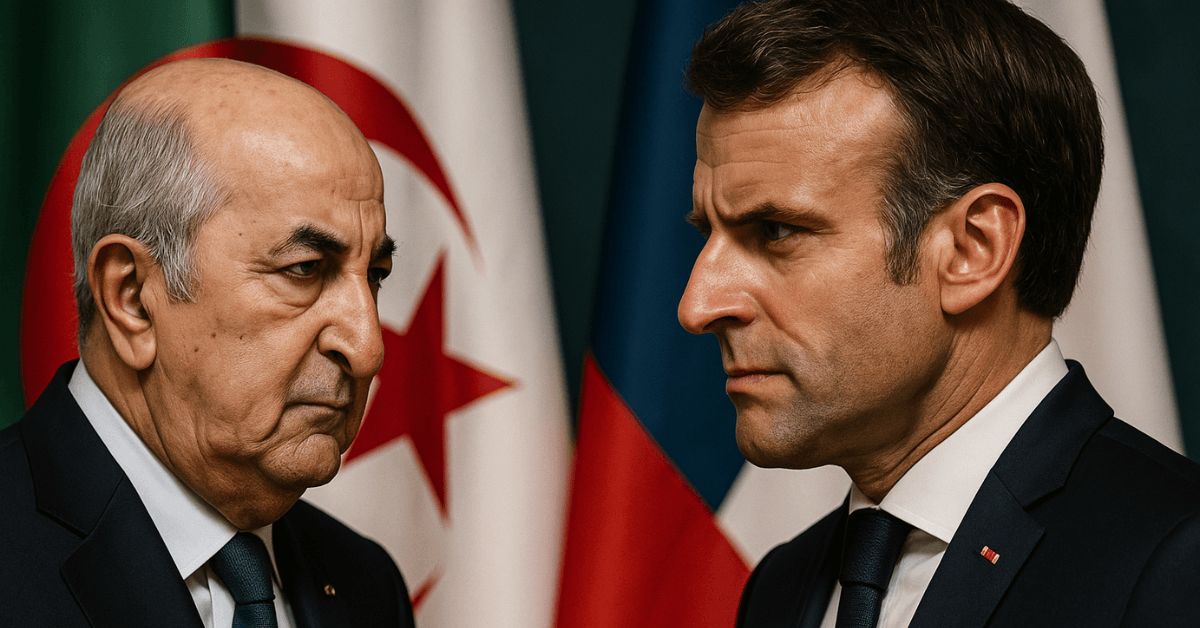 Image illustrant la tension diplomatique entre la France et l’Algérie, avec un face-à-face tendu entre le président Emmanuel Macron et son homologue algérien, sur fond de drapeaux nationaux. Une photographie symbolique de la crise franco-algérienne de 2025.