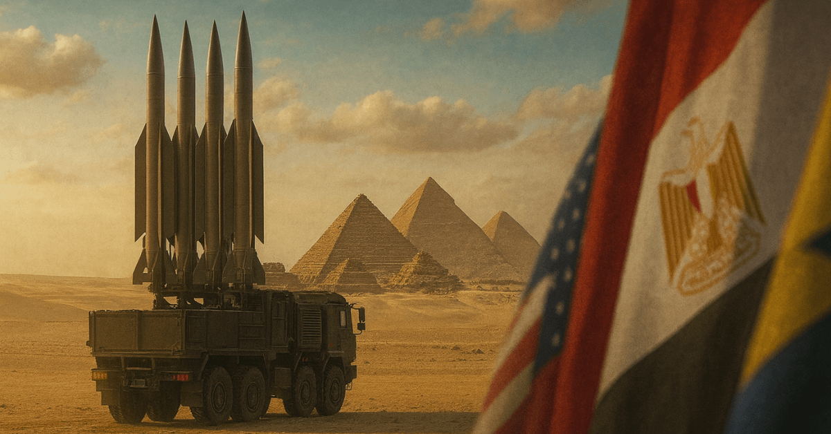 Image saisissante montrant un lanceur de missiles en Égypte, avec les pyramides de Gizeh en arrière-plan et les drapeaux égyptien et américain au premier plan, symbolisant la coopération militaire et les enjeux géopolitiques au Moyen-Orient.