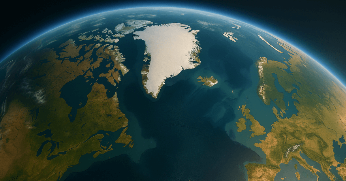 Vue satellite du Groenland et de l’Atlantique Nord : calotte glaciaire, routes maritimes arctiques et enjeux géopolitiques entre Europe, Canada et États-Unis.