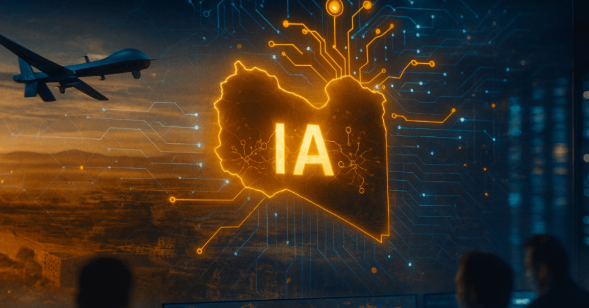 Carte de la Libye stylisée en circuit numérique avec le sigle IA, symbolisant l’utilisation de l’intelligence artificielle dans les conflits modernes et le terrorisme transsaharien, avec un drone en arrière-plan.