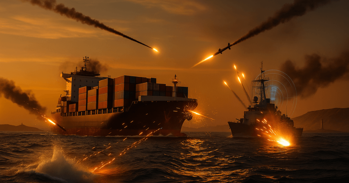 Attaque en mer au coucher du soleil : un porte-conteneurs et un navire militaire sous le feu de missiles et explosions, illustrant la crise maritime en Mer Rouge.