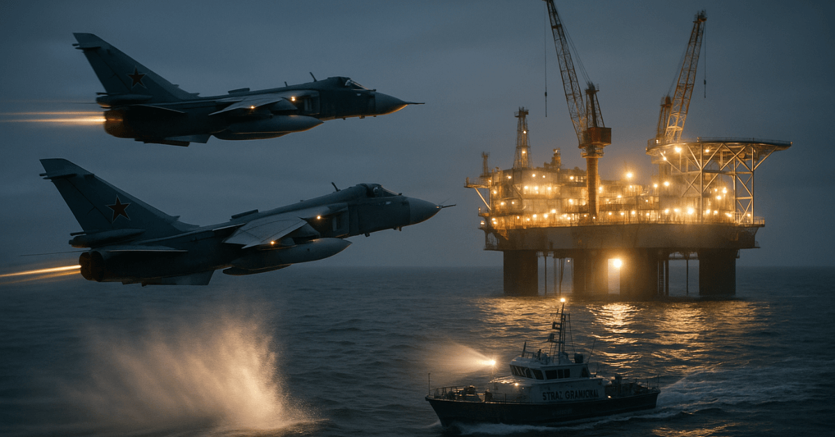 Deux chasseurs russes survolent une plateforme pétrolière en mer Baltique, illustrant les tensions militaires entre Moscou et l’OTAN autour de la sécurité énergétique européenne.
