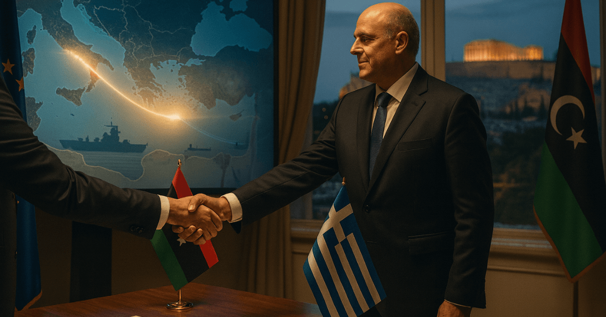 Un représentant libyen et un représentant grec se serrent la main à Athènes, symbolisant un rapprochement diplomatique entre la Libye et la Grèce, avec en arrière-plan une carte maritime stratégique et l’Acropole illuminée.