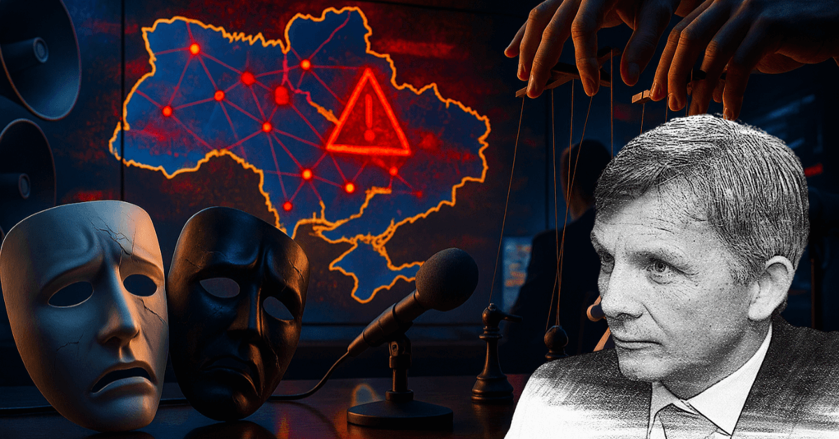 Image symbolique de la désinformation en Ukraine : marionnettiste manipulant l’opinion, masques de propagande, carte du conflit et portrait d’Éric Denécé.