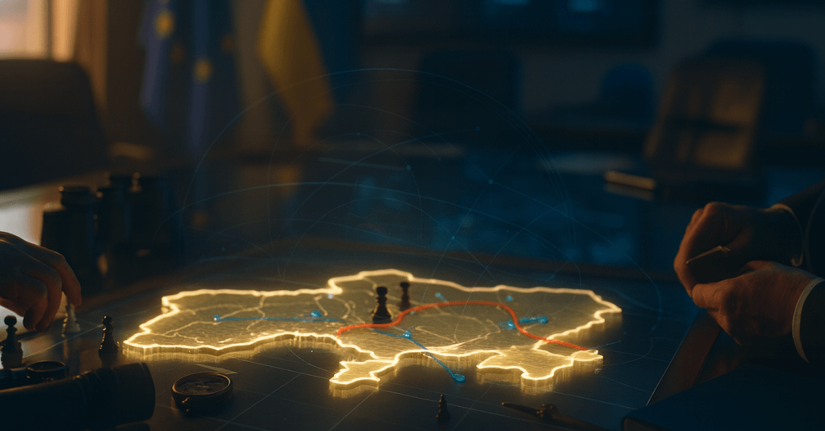 Carte stratégique lumineuse de l’Ukraine avec des pions militaires sur une table de commandement, illustrant la planification géopolitique et l’analyse des conflits.