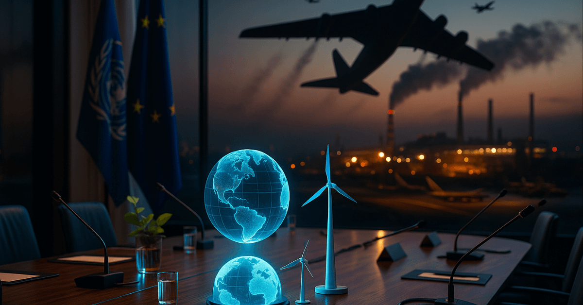 Réunion internationale sur le climat et la défense, avec hologramme de la planète et éoliennes face à un ciel marqué par les avions militaires et la pollution industrielle.