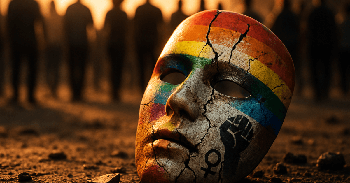 Masque fissuré aux couleurs du drapeau arc-en-ciel abandonné sur un sol aride, symbole de l’effritement du mouvement woke et de la désillusion idéologique. En arrière-plan, des silhouettes anonymes s’éloignent dans la pénombre, illustrant la fin d’un cycle et le recul d’une utopie identitaire.