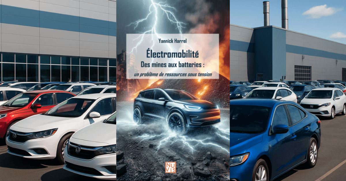 Couverture de l’ouvrage Électromobilité : Des mines aux batteries – un problème de ressources sous tension de Yannick Harrel (éditions Nuvis), illustrant la tension entre industrialisation, transition énergétique et dépendance aux ressources critiques, avec en arrière-plan des usines automobiles et des véhicules électriques symbolisant la nouvelle donne industrielle mondiale.