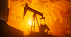 Illustration géopolitique représentant une pompe à pétrole au coucher du soleil, symbolisant le nouveau Grand Jeu énergétique mondial lancé par Donald Trump. L’image évoque la guerre économique entre Washington, Moscou, Pékin et New Delhi sur fond de cartes et de flux pétroliers internationaux.