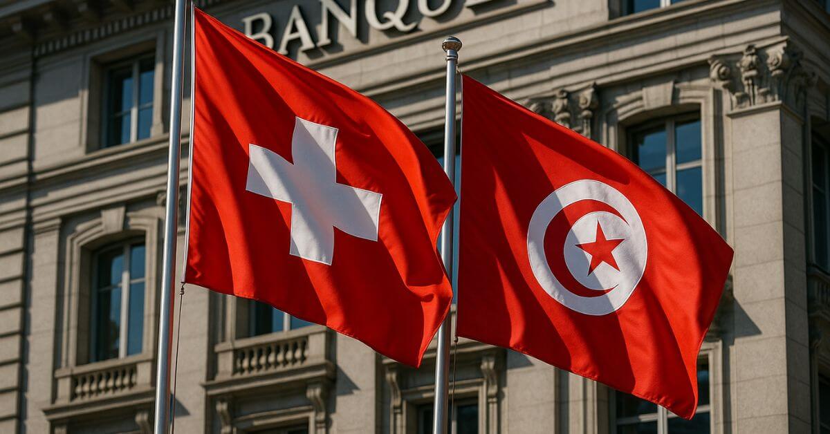 Drapeaux de la Suisse et de la Tunisie flottant côte à côte devant une banque genevoise, symbole des tensions diplomatiques et financières autour de la restitution des fonds du clan Ben Ali.