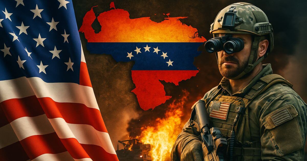 Un soldat américain face au drapeau du Venezuela, symbole de la tension militaire et géopolitique entre Washington et Caracas dans la guerre contre les cartels.