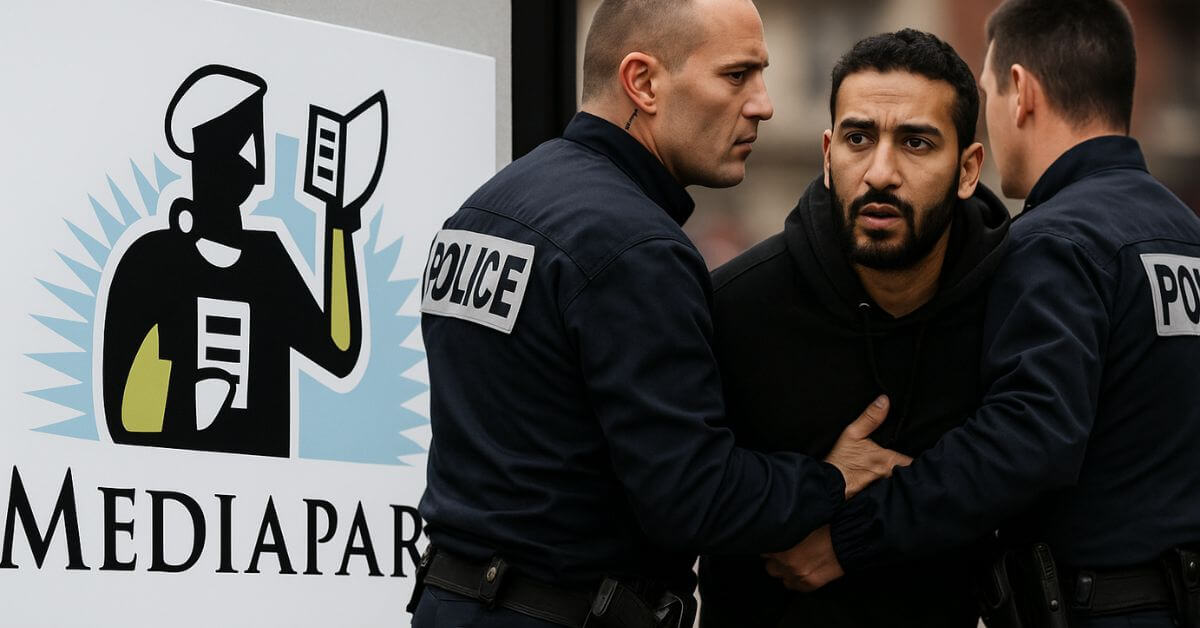 Deux policiers interpellent un homme devant le logo de Médiapart, illustrant les tensions autour du débat sur les violences policières et le racisme systémique en France.