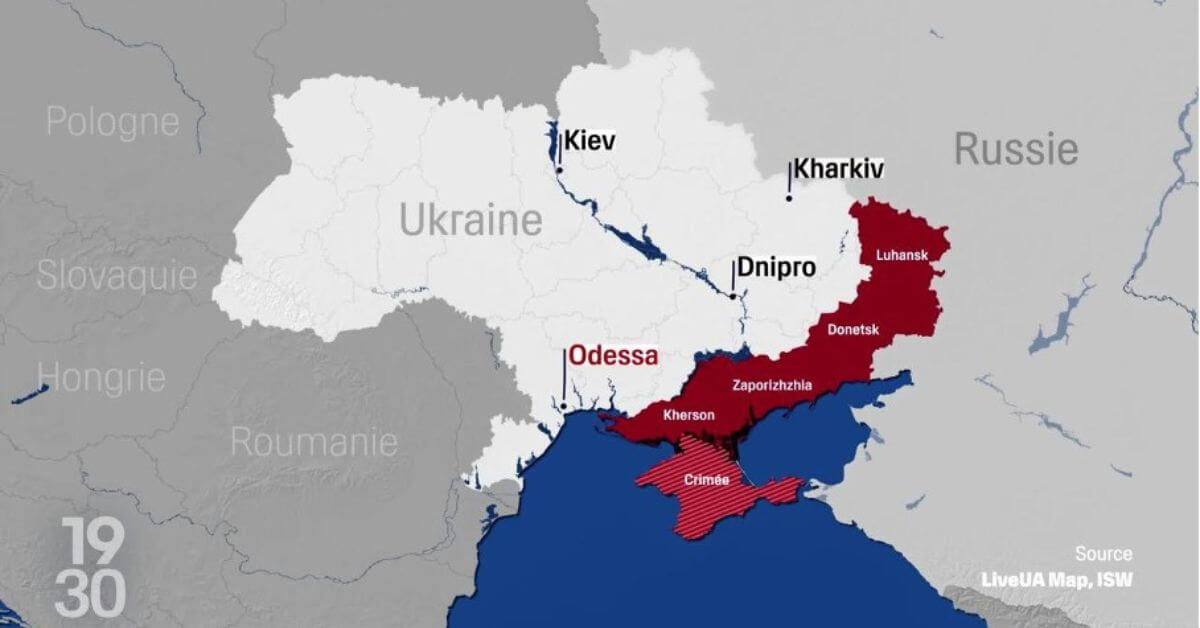 Carte de l’Ukraine montrant les régions occupées par la Russie en rouge, les zones contestées, ainsi que les principales villes comme Kiev, Kharkiv, Odessa et Dnipro, offrant une visualisation claire de la ligne de front du conflit.