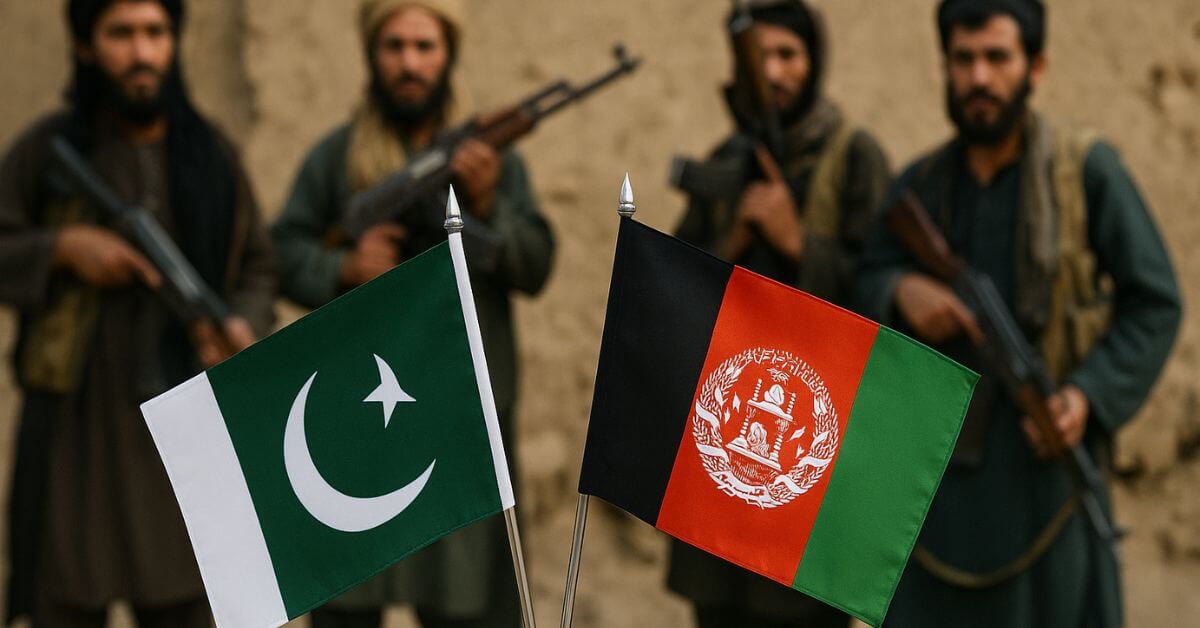 Des combattants armés apparaissent en arrière-plan derrière les drapeaux du Pakistan et de l’Afghanistan, symbolisant les tensions et enjeux géopolitiques entre les deux pays.