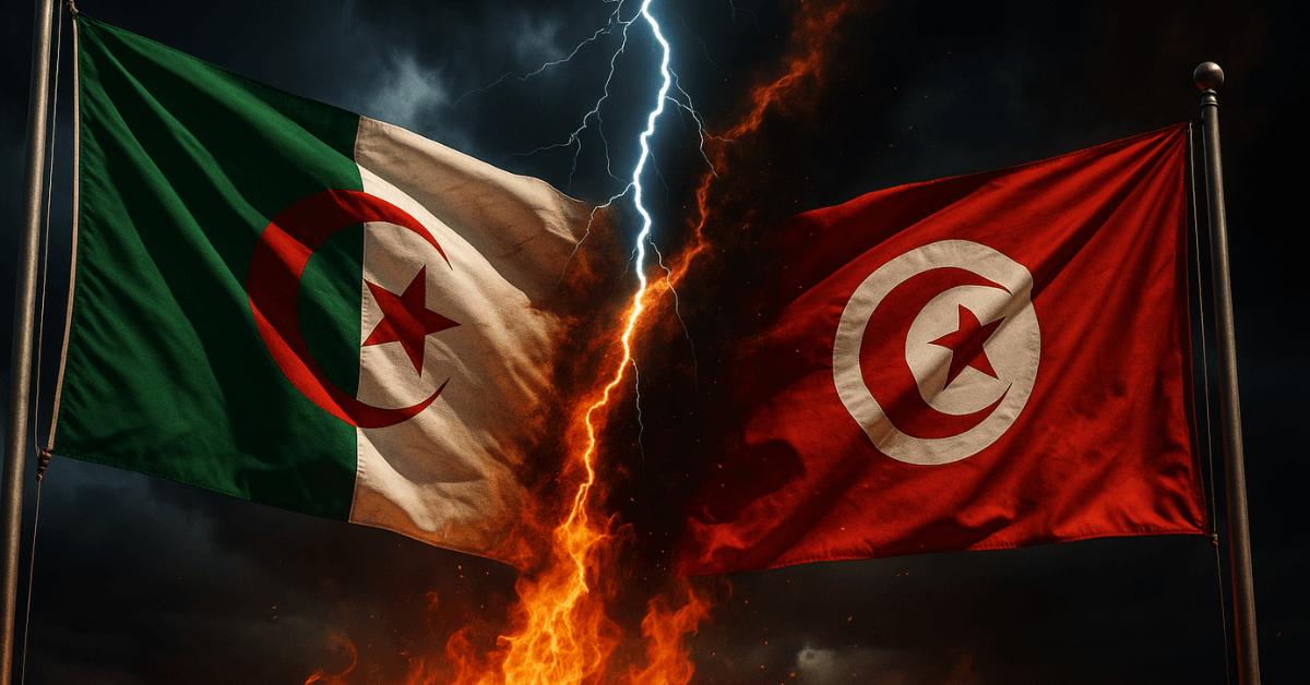Affrontement symbolique entre l’Algérie et la Tunisie : deux drapeaux face à face, séparés par la foudre et le feu, incarnant la tension géopolitique maghrébine.