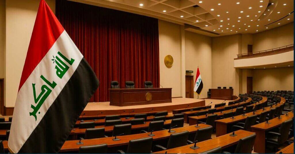 Salle du Parlement irakien à Bagdad, symbole du pouvoir politique et des enjeux électoraux de 2025, avec le drapeau national en premier plan.