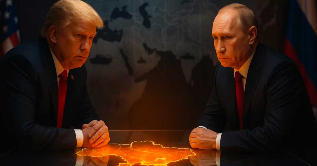 Donald Trump et Vladimir Poutine se font face autour d’une carte lumineuse de l’Ukraine, symbolisant les tensions et négociations géopolitiques entre les États-Unis et la Russie.