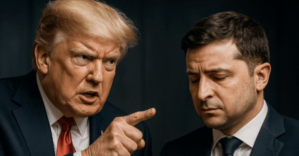 Scène de tension diplomatique montrant un dirigeant américain faisant pression sur un président européen, illustrant un rapport de force brutal au cœur d’une crise géopolitique majeure.