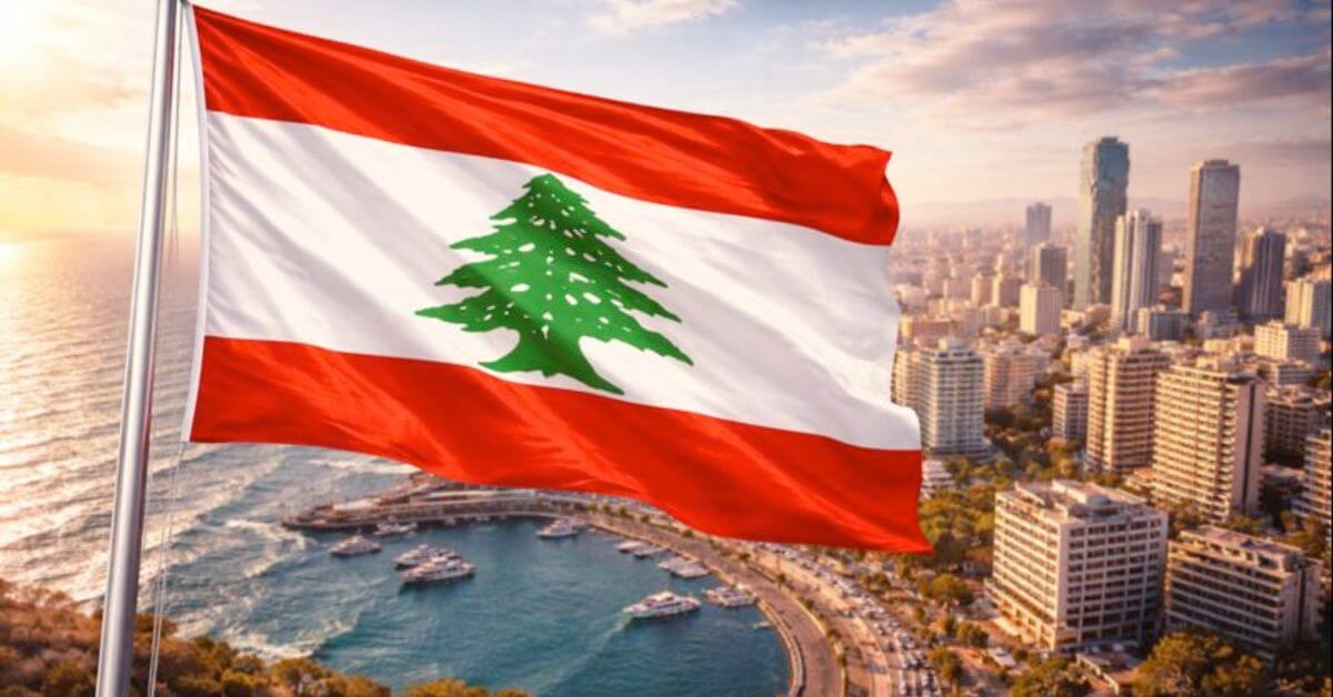 drapeau du Liban devant une ville