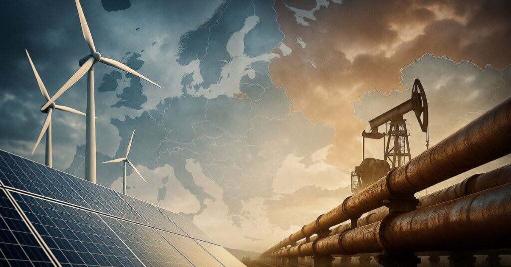 Europe entre énergies renouvelables et dépendance fossile, illustrant la transition énergétique face aux pipelines et aux enjeux géopolitiques.