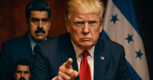 Dirigeant au premier plan en costume sombre pointant du doigt avec détermination, drapeau étoilé en arrière-plan et présence d’un autre responsable politique flou en soutien visuel, illustrant une scène de tension géopolitique et de pression diplomatique.