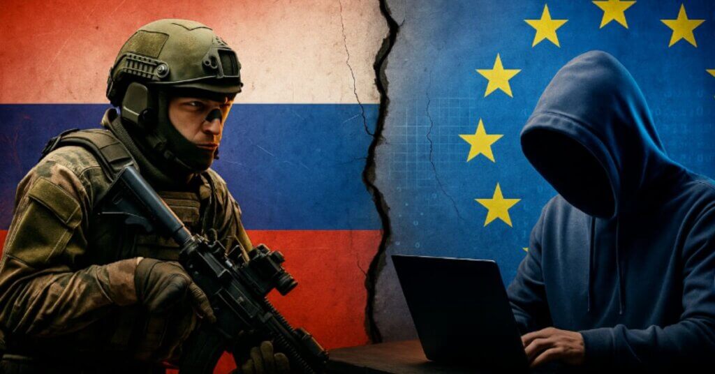 Un soldat russe face à un hacker européen, séparés par une fracture symbolisant la confrontation géopolitique et informationnelle entre la Russie et l’Europe.